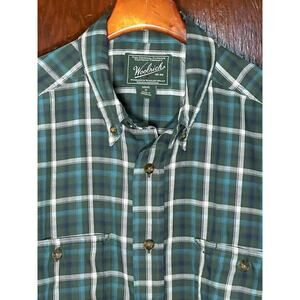 WOOLRICH GREEN BLUE PLAID POLYESTER L/S SHIRT SIZE M VISIBLE REPAIR